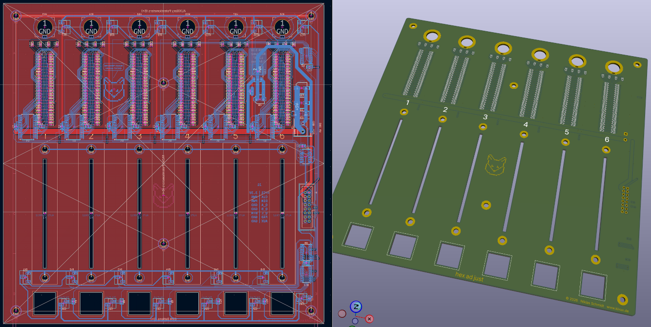 Leiterplattenlayout des 6-kanaligen volldigitalen Audio-Controllers hexadjust, entwickelt von Niklas Schmidt; gezeigt ist der Leiterplatten-Layouteditor KiCad EDA laufend unter Arch Linux Leiterplattenlayout hexadjust